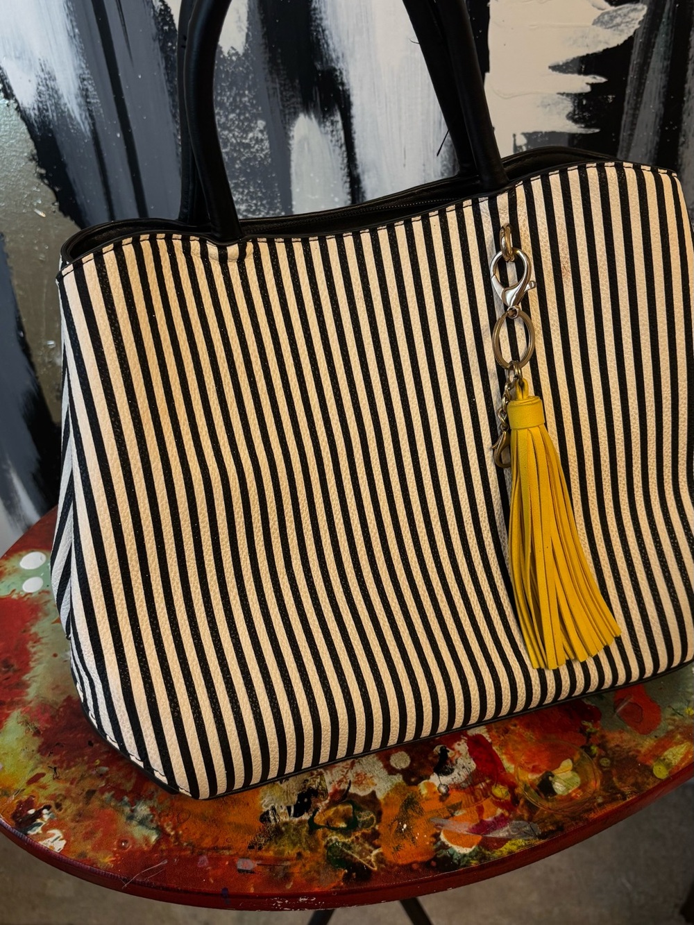 Striped Black and White Tote with Yellow Tassel